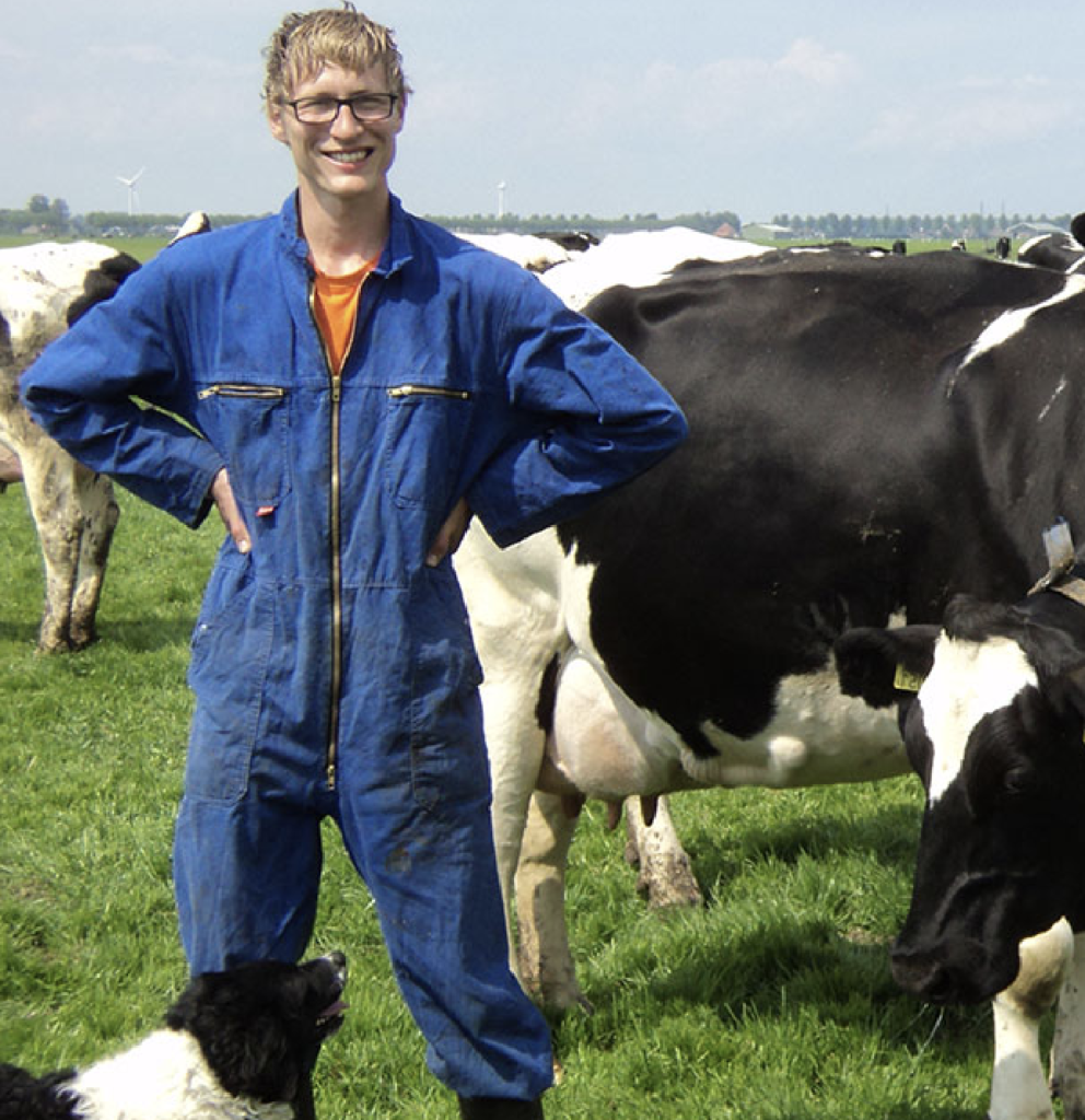 Dairy farmer in field amongst dairy cows